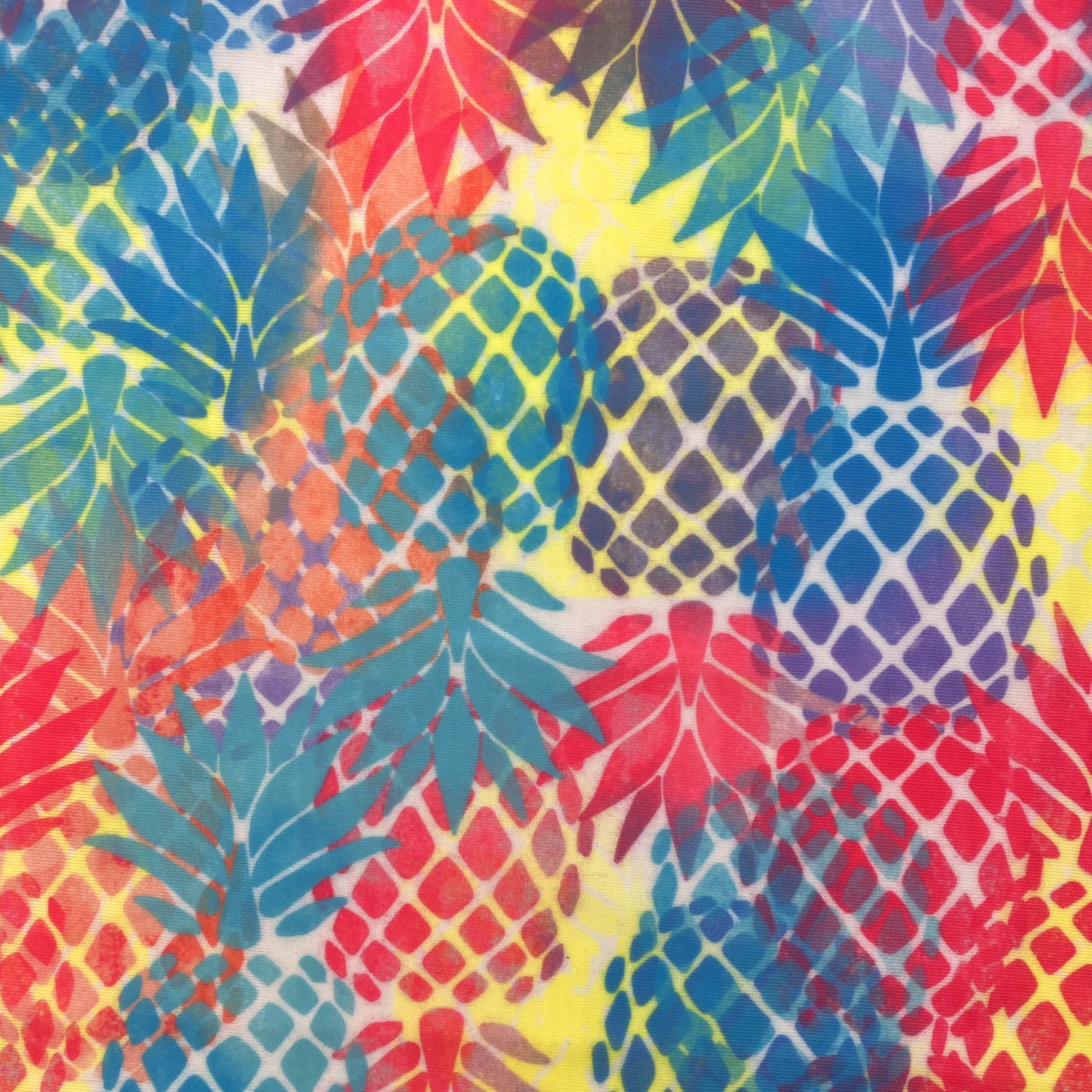 TESSUTO IN POLIESTERE STAMPATO ANANAS ROSA GIALLO OTTANO
